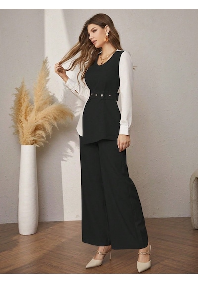 Moderie Butik Kadın Uzun Kollu Açık Yakalı Çift Renkli Kemerli Ithal Krep Ikili Takım Siyah Moderie Butik Kadın Uzun Kollu Açık Yakalı Çift Renkli Kemerli Ithal Krep Ikili Takım Siyah