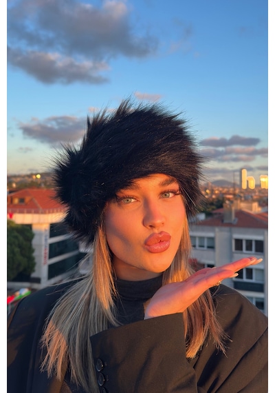 Mollycrush Luxury Rus Slav Tarzı Suni Kürklü Uzun Tüylü Peluş Kadın Siyah Kalpak Şapka Siyah