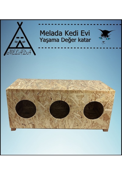 Melada Kedi Evi Dış Ortam Uygun 3'lü Ahşap Kedi Evi Osb 93x41x39 Cm