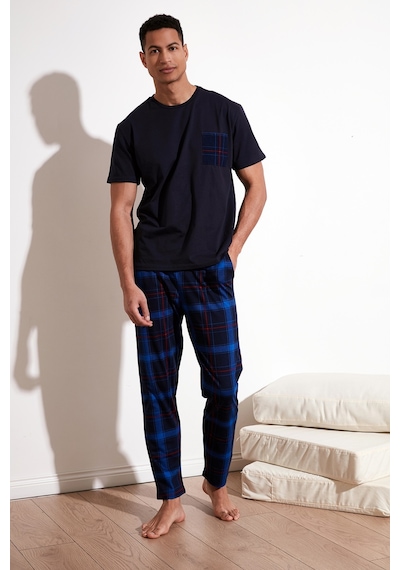 Buratti Ekoseli Pamuklu Regular Fit Kısa Kollu Erkek Pijama Takımı 6572002 Lacivert-Saks