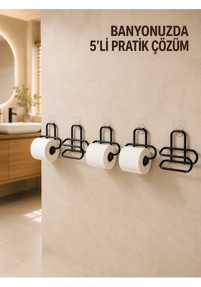 5 Adet Duvara Yapışkanlı Wc Kağıtlık Delmeden Montaj Siyah Metal Tuvalet Kağıdı Askısı Antrasit Melanj