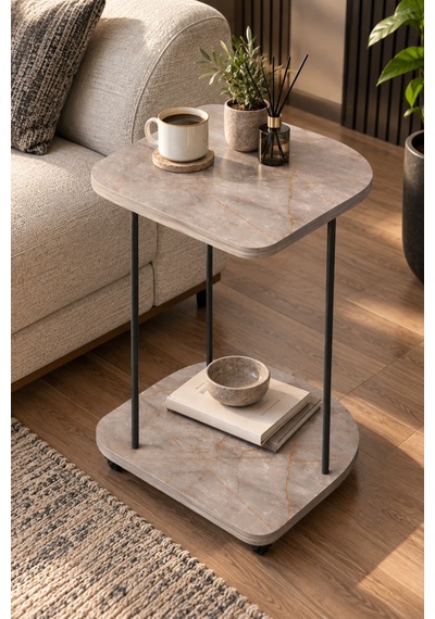 Sulorahome Tekerlekli Oval Servis Sehpası Mermer Desenli Gri