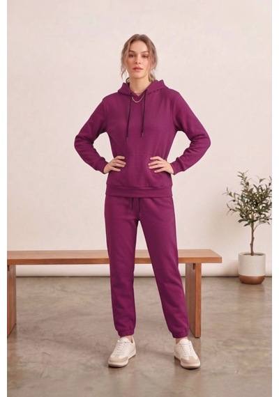 Moibody Kadın 3 İplik Şardonlu Eşofman Takımı Premium Kapüşonlu Sweatshirt Ve Jogger Alt Mürdüm Mürdüm