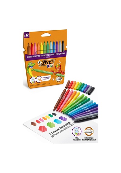 Keçeli Kalem 12 Renk 1 Paket Bic Kid Couleur 12 Li Keçeli Kalem Canlı Renkler Yıkanabilir Kaliteli Okul Öğrenci