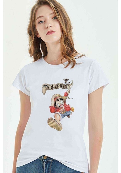 Anime One Piece Monkey Baskılı Beyaz Kadın Tshirt