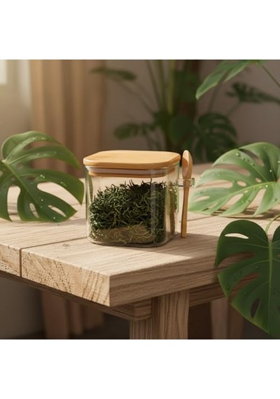 600 Ml Bambu Kapaklı Ve Kaşıklı Kare Cam Kavanoz, Vakumlu Ahşap Kapaklı Baharatlık, Kendinden Kaşık Yuvalı Şe Diğer
