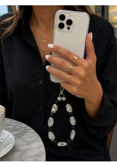 Iconic Siyah Gümüş Dövme Boncuklu Telefon Askısı, Boncuklu Telefon Charmı Ve Çanta Aksesuarı