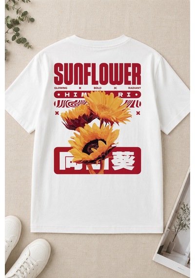 Spoyi Bold Sunflower Tasarımlı %100 Pamuk Yarım Oversize Beyaz T-shirt