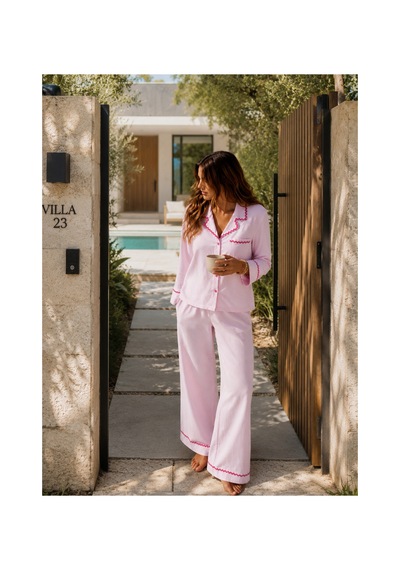 Lilly Dolce Pembe Beyaz Çizgili Biyeli Yumuşak Dokulu Yazlık Pijama Takımı Pembe Pembe