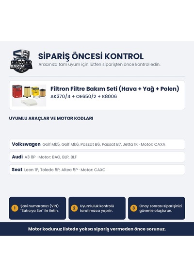 Filtron Filtre Bakım Seti Hava+yağ+polen - Golf 5-6 / Passat B6-b7 / Leon 2 1.4 Tsı / 1.6 Fsı