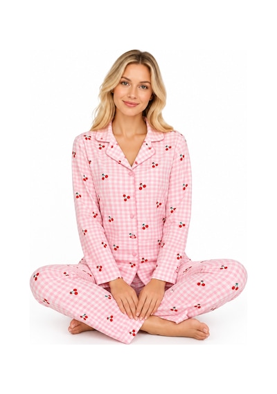 Sleeeproom Kadın Süet Düğmeli Mevsimlik Ekose Desen Pudra Pijama Takımı Pudra - Beyaz