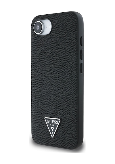 Apple iPhone 16e Uyumlu Kılıf Guess Lisanslı M-safe Şarj Özellikli Grained Triangle Kapak Siyah