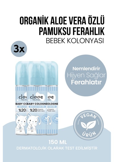 Hassas Ciltlere Özel Organik Aloe Vera Özlü Taze Pamuk Kokulu Soft Cotton Feel Bebek Kolonyası 3'lü Aile Paketi