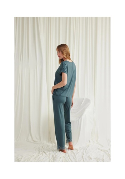 Hrşytrend Herşeytrend Kısa Kollu V Yakalı Dantelli Pijama Takımı Yeşil