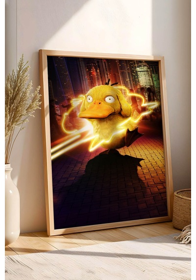 Psyduck Neon Psişik Güç Çerçeveli Tablo - Lüks Realistik Pokemon Anime Modern Şehir Duvar Dekoru Kayın