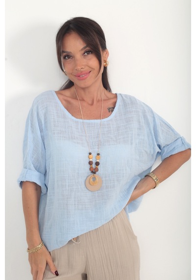 By Saygı Kadın İtalyan Coton Oversize Bluz Bebe Mavi