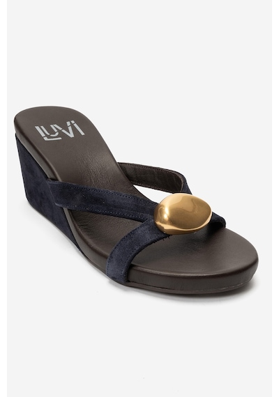 Luvi Shoes Caterına Lacivert Süet Hakiki Deri Tokalı Kadın Dolgu Topuklu Terlik