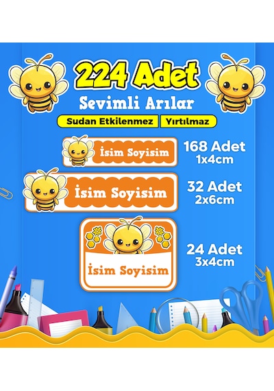 Sevimli Arı Temalı Okul Kreş Kişiye Özel İsim Etiket Seti - Model 446 Çok Renkli