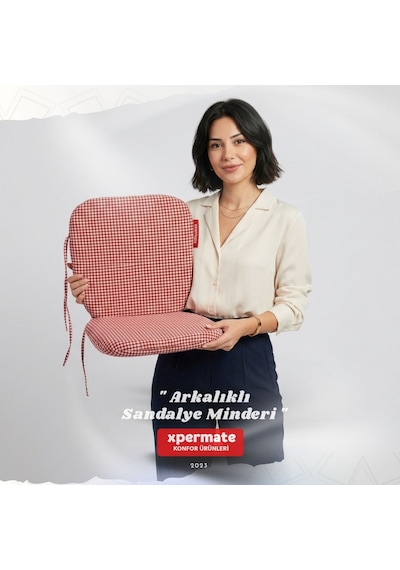 Pötikare Sırtlıklı Sandalye Minderi 42x42 Fermuarlı Yıkanabilir Kılıf Bağcıklı Minder Standart Fit Kırmızı