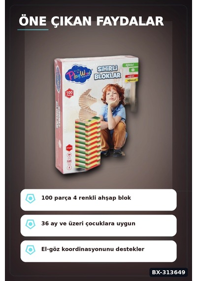 Ahşap Sihirli Bloklar 100 Parça Eğitici Oyuncak Kutusu - 36 Ay+ Çocuk Gelişim Seti Bx-313649
