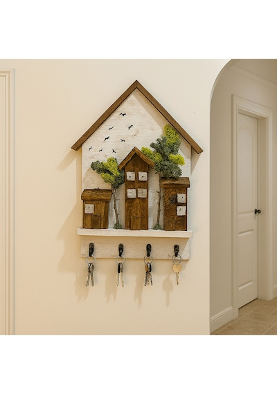 Ahşap Ev Temalı Duvar Askılığı 25x36 Cm 4 Kancalı Anahtarlık , El Yapımı Dekoratif Askı Beyaz