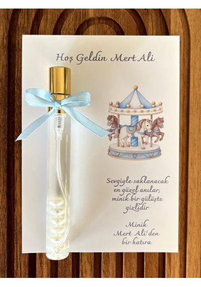 İsme Özel - Mavi Atlıkarınca Baskılı Kart - Hoş Geldin Bebek - Sünnet Ve Bebek Mevlütü Misafir Hediyeliği
