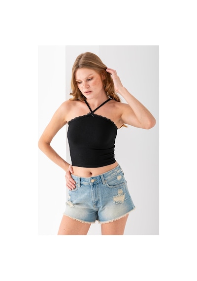 Giysa Kadın Çapraz Askılı Dantel Detaylı Crop Body Siyah - Ms0000309 Siyah