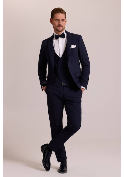 Ysf Erkek Lacivert Slim Fit Likralı Sivri Yaka Yelekli Damatlık