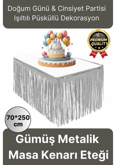 Premium Dekorasyon Püsküllü Işıltılı Doğum Günü Cinsiyet Partisi Gümüş Masa Kenarı Eteği 70 250cm Diğer