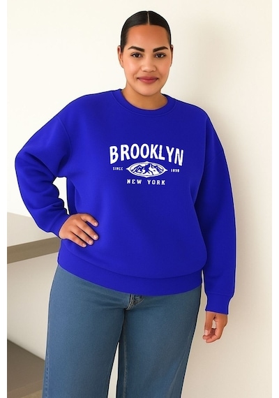 Benroma 3 İplik Penye Brooklyn Baskılı Unisex Sweatshırt Saks Mavisi