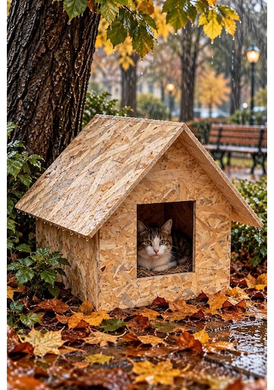 Reyo Kedi Evi Dış Ortam Uygun Ahşap Kedi Yuvası Kedi Barınağı Rüzgar ve Soğuğa Dayanıklı Osb Malzeme 46 x 34 x 34 CM CAT26