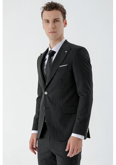 Morven Erkek Siyah Poliviskon Trend Yelekli Çizgili Desen Slim Fit Sivri Yaka Takım Elbise Siyah Morven Erkek Siyah Poliviskon Trend Yelekli Çizgili Desen Slim Fit Sivri Yaka Takım Elbise Siyah