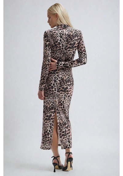 Lijuri Leopar Desenli Dik Yaka Leopar Elbise 2974 Leopar