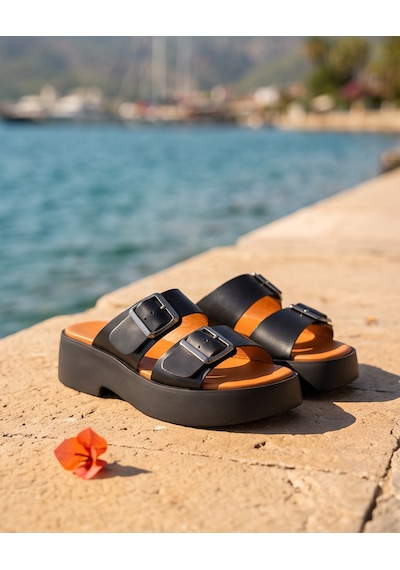 Futsishoes Colette Siyah Hakiki Deri Çift Tokalı Dolgu Taban Kadın Terlik