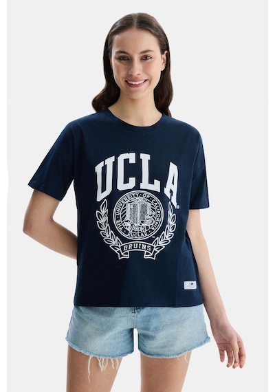 Avalon Lacivert Bisiklet Yaka Baskılı Oversize Kadın Tshirt Lacivert