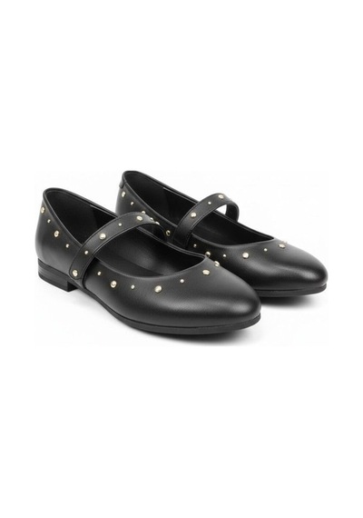 Ne&ve Shoes Siyah Deri Pim Detaylı Yuvarlak Burunlu Kadın Günlük Babet