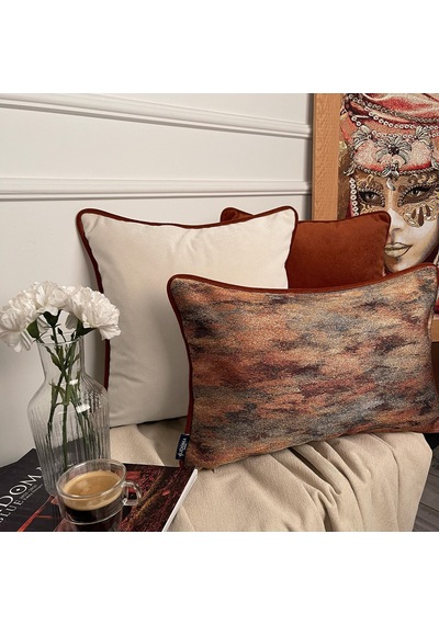 "beige" Kadife Dokulu Kırlent Kılıfı - 45x45 Krem - Kiremit
