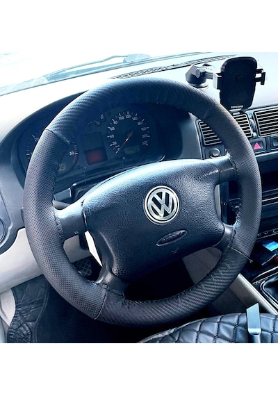 Dikişli Direksiyon Kılıfı Noktalı Deri Karbon Deri Siyah Dikişli Vw Golf 4 İçin Siyah