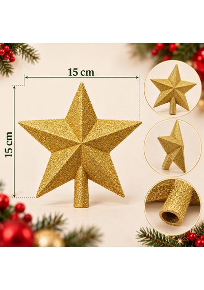 Bakgelal Lüks Yılbaşı Çam Ağacı Tepeliği - 15x15 Cm Işıltılı Simli Gold Altın Yıldız Ağaç Süsü - 9010245303515 Diğer