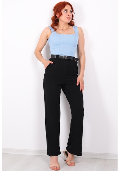 Ribana Classic Kemerli Bol Paça Kadın Krep Pantolon Siyah
