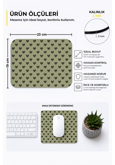 Haki Renkli Kalpli Desenli Ergonomik Mouse Pad, Kaymaz Yüzey İle Ev Ve Ofis Kullanımı İçin İdeal