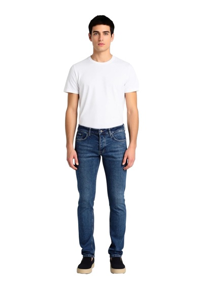Ersefa Erkek Dar Kesim Esnek Denim Pantolon Eskitme Detaylı Fonksiyonel Koyu Mavi