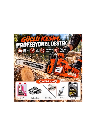 Algaride Kawa61 61.5cc Benzinli Motorlu Testere 3.9hp 3/8 36 Zincir Yedek Zincir 1l 2t Yağ 3l Zincir Yağı Buji Eğe Özel Set Kawashima