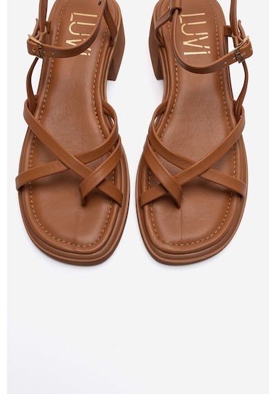 Luvishoes Cırelle Taba Hakiki Deri Parmak Arası Kadın Kalın Topuklu Sandalet