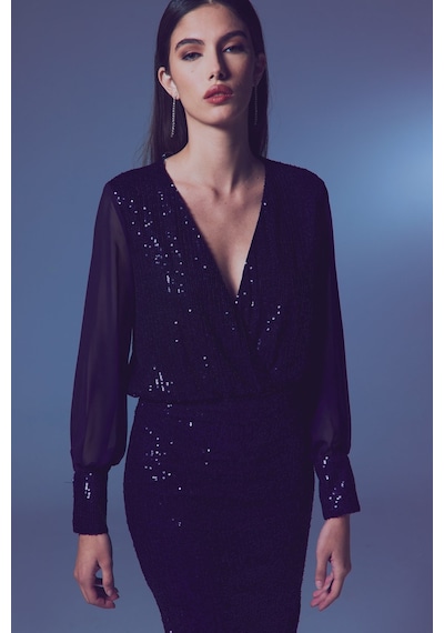 Sateen Şifon Kol Bodysuit Bluz - Lacivert-135573 Lacivert