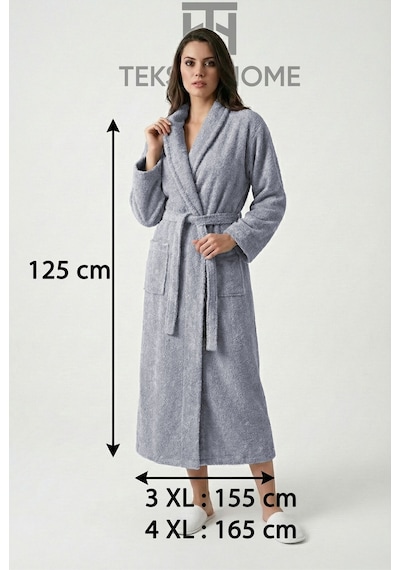 %100 Pamuklu Unisex Bornoz Şalyaka Cepli Büyük Beden 3xl 4xl Erkek Kadın Bornoz Gri
