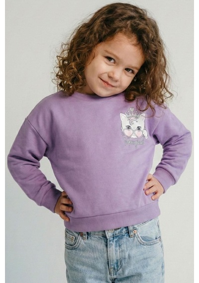 Breeze Kız Çocuk Sweatshirt Minik Taçlı Kedi Prenses Baskılı Sırt Baskı Detaylı 1.5-5 Yaş, Lila Lila