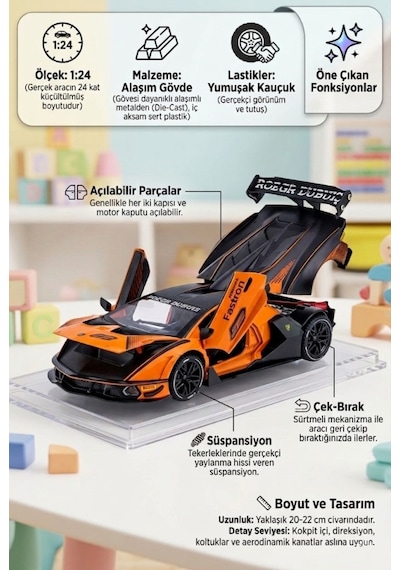 Hobiez World Orjinal 1 : 24 Lisanslı Çek-Bıraklı Metal Lamborghini Essenza SCV12 Model Araba