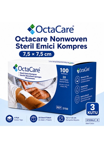 Octacare Nonwoven Steril Emici Kompres 7,5 7,5cm Kutulu 3 Kutu