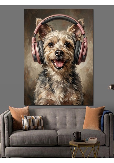 Kulaklıklı Müzik Dinleyen Şirin Köpek Dekoratif Kanvas - Mdf Ahşap Tablo